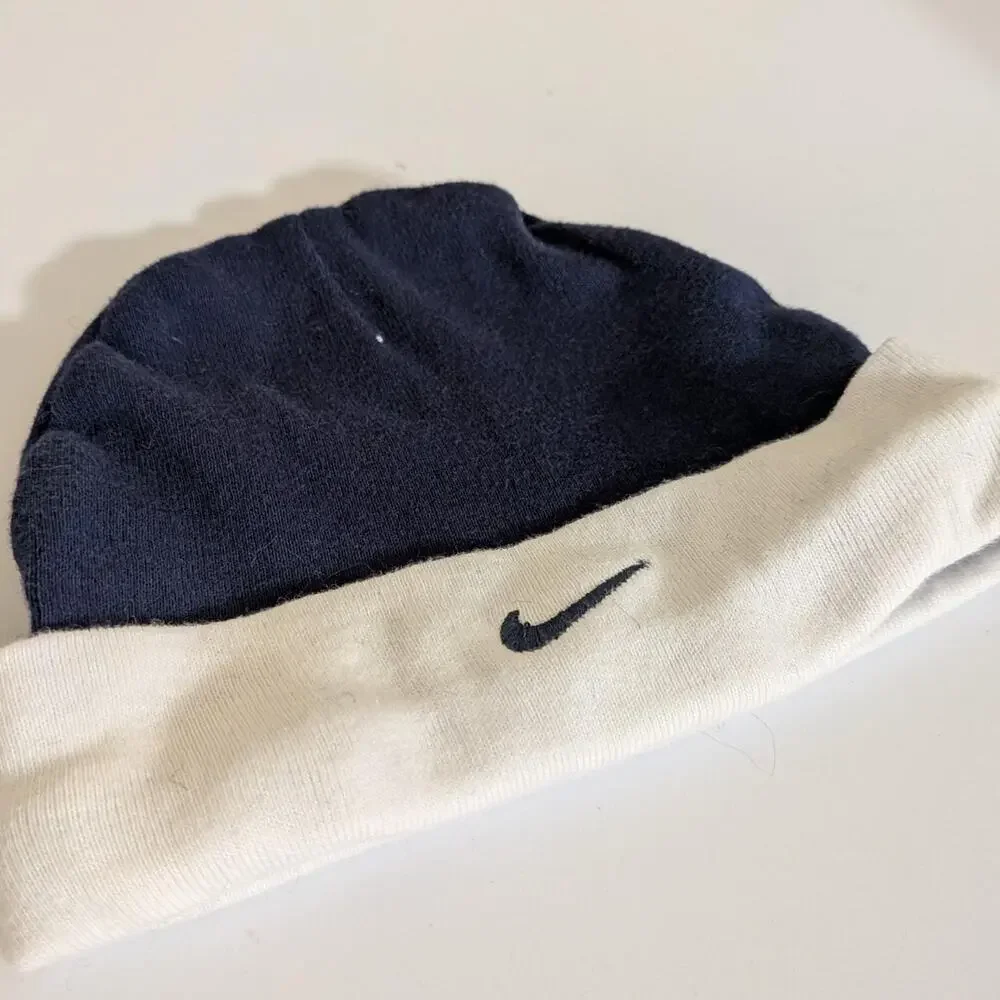 Nike Navy Blue Baby Beanie With White Fold Over And Blue Nike Logo